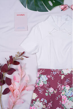 White Mandarin Neckline Top Floral Print Playsuit (White)